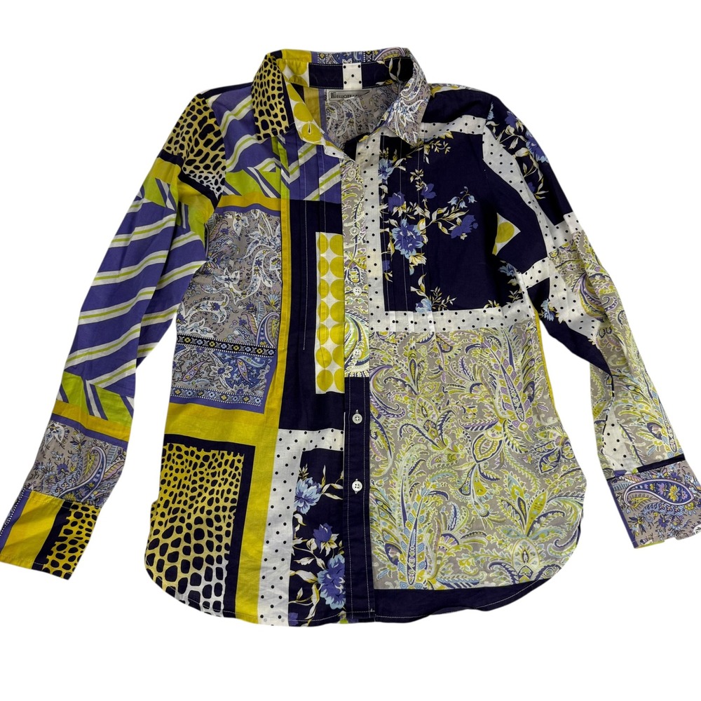 Elliott Lauren Patchwork Paisley‎ Floral Button Down Shirt Navy Yellow Womens 4